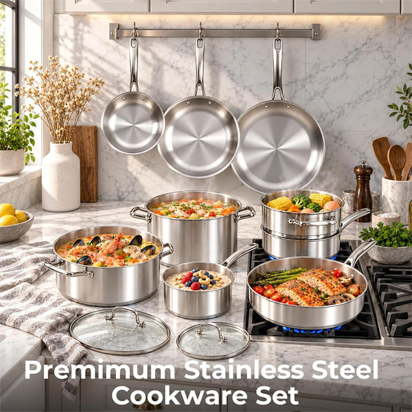 Ammeloo 22-Pieces Stainless Steel Cookware Set with Lids, Pots and Pans Set Ammeloo