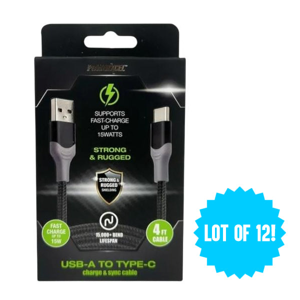 12 Pack - Powerxcel 4FT Kevlar USB-A to Type-C Fast Charging Cable Black Wholesale Bundle