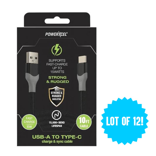 12 Pack - Powerxcel 10FT Kevlar USB-A to Type-C Fast Charging Cable Black Wholesale Bundle