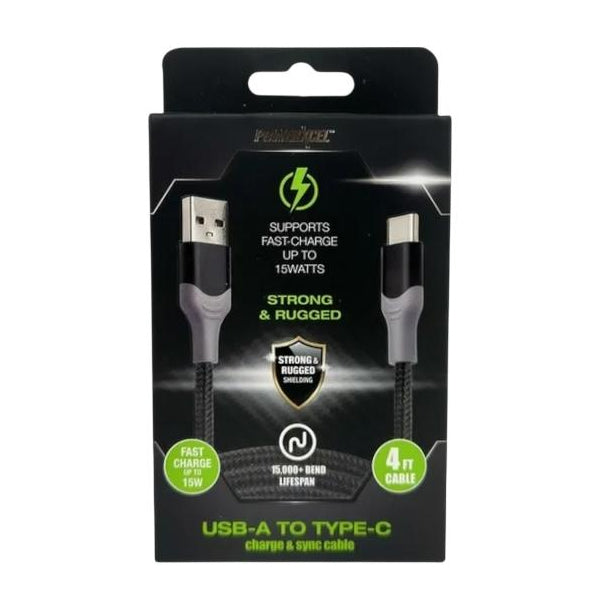 12 Pack - Powerxcel 4FT Kevlar USB-A to Type-C Fast Charging Cable Black Wholesale Bundle
