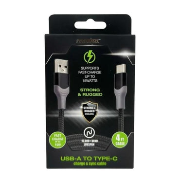 12 Pack - Powerxcel 4FT Kevlar USB-A to Type-C Fast Charging Cable Black Wholesale Bundle