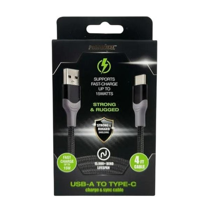 12 Pack - Powerxcel 4FT Kevlar USB-A to Type-C Fast Charging Cable Black Wholesale Bundle