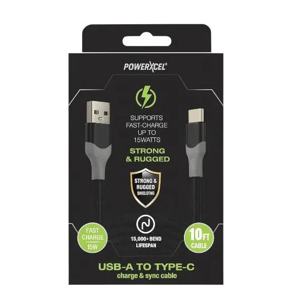 12 Pack - Powerxcel 10FT Kevlar USB-A to Type-C Fast Charging Cable Black Wholesale Bundle PowerXcel