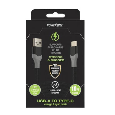 12 Pack - Powerxcel 10FT Kevlar USB-A to Type-C Fast Charging Cable Black Wholesale Bundle