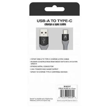 12 Pack - Powerxcel 10FT Kevlar USB-A to Type-C Fast Charging Cable Black Wholesale Bundle PowerXcel