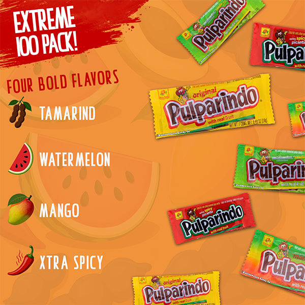 100 Count - Pulparindo Mexican Candy Variety Pack Tamarind, Mango, Watermelon & Extra Spicy Flavors