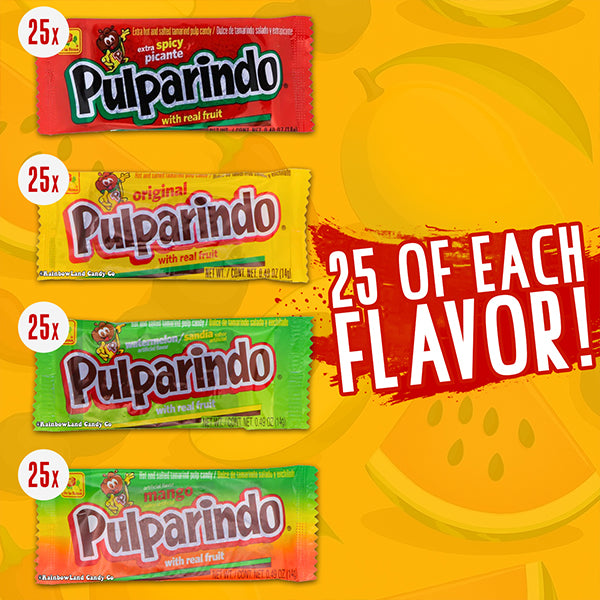 100 Count - Pulparindo Mexican Candy Variety Pack Tamarind, Mango, Watermelon & Extra Spicy Flavors