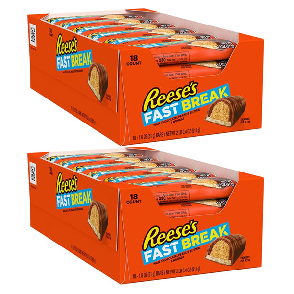 2 Boxes - REESE'S FAST BREAK Peanut Butter Nougat Candy Bars, 1.8 oz 18 Count Each