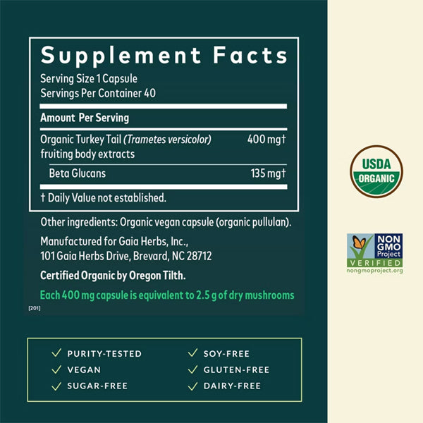 Gaia Herbs Turkey Tail Mushroom Immune Support 40 Vegan Capsules Gaia Herbs