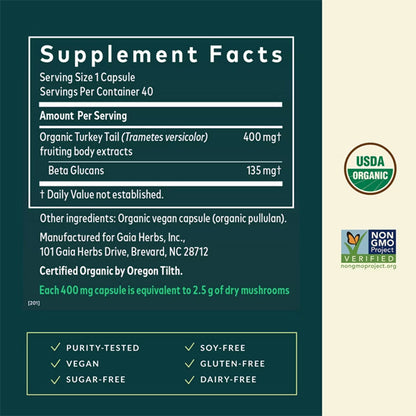 Gaia Herbs Turkey Tail Mushroom Immune Support 40 Vegan Capsules Gaia Herbs