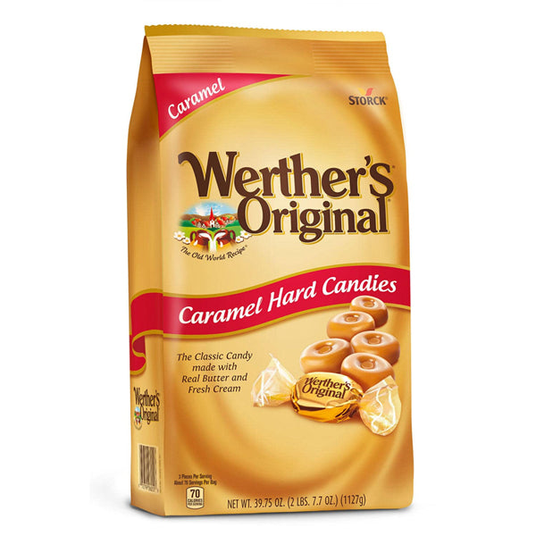 Werthers Original Caramel Hard Candies 39.75oz bag features classic caramel hard candies, beautifully wrapped and perfect for sharing.