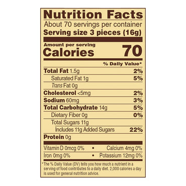 The nutrition label for Werthers Original Caramel Hard Candies 39.75oz Bag (Werthers) lists per 3-piece serving: 70 calories, 1.5g fat, 14g carbs, 11g added sugars, 0g protein, plus small amounts of cholesterol, sodium, calcium, and potassium.