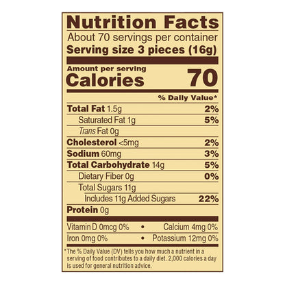 The nutrition label for Werthers Original Caramel Hard Candies 39.75oz Bag (Werthers) lists per 3-piece serving: 70 calories, 1.5g fat, 14g carbs, 11g added sugars, 0g protein, plus small amounts of cholesterol, sodium, calcium, and potassium.