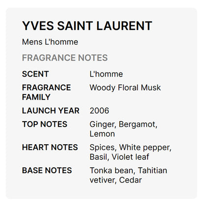 Yves Saint Laurent L'Homme YSL Eau De Toilette Spray for Men 2oz