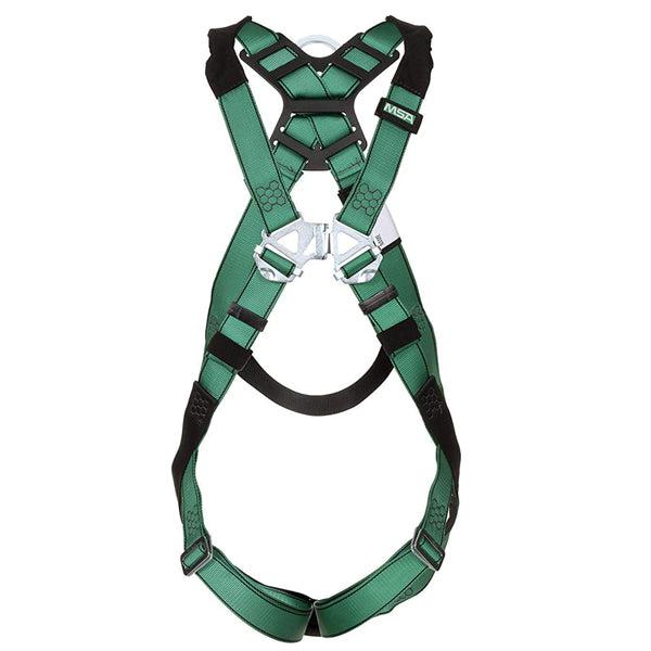 MSA V-Form Full Body Harness - Size: Super X Large, D-Ring Configuration: Back, Qwik Fit Leg Straps, Green