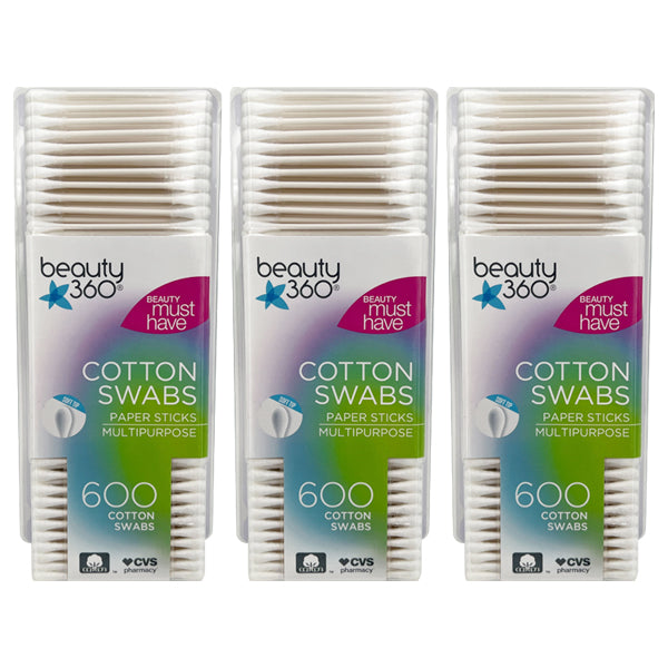 3 Pack - Beauty 360 Paper Stick Cotton Swabs, 600 ct Each