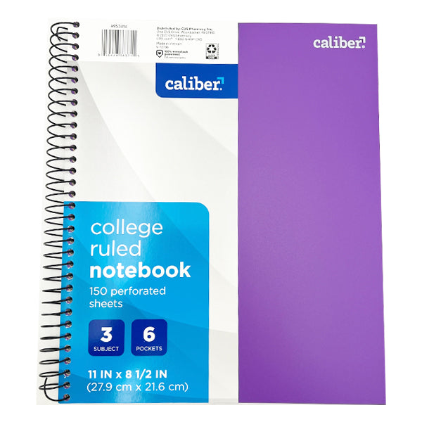 12 Pack - Caliber College Ruled 3 Subject Spiral Bound Notebook Assorted Colors - 150 Sheets Each