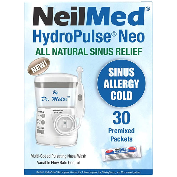 NeilMed HydroPulse Neo. Multi-Speed Electric Pulsating Nasal Sinus Irrigation System w/ 30 Sinus Rinse Premixed Packets.