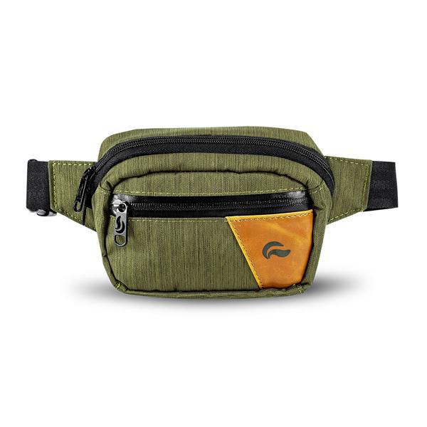 The Skunk Hipster Bag by Skunk is an olive green, water resistant waist bag with black zippers, a yellow leather accent patch, small front pocket, adjustable strap, smell-proof lining, and a compact design.